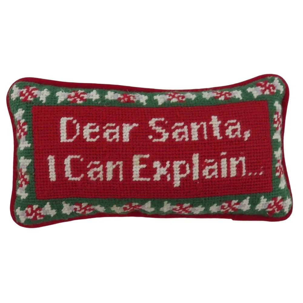 Dear Santa I Can Explain Needlepoint Red Green Peppermint Candy Christmas Pillow